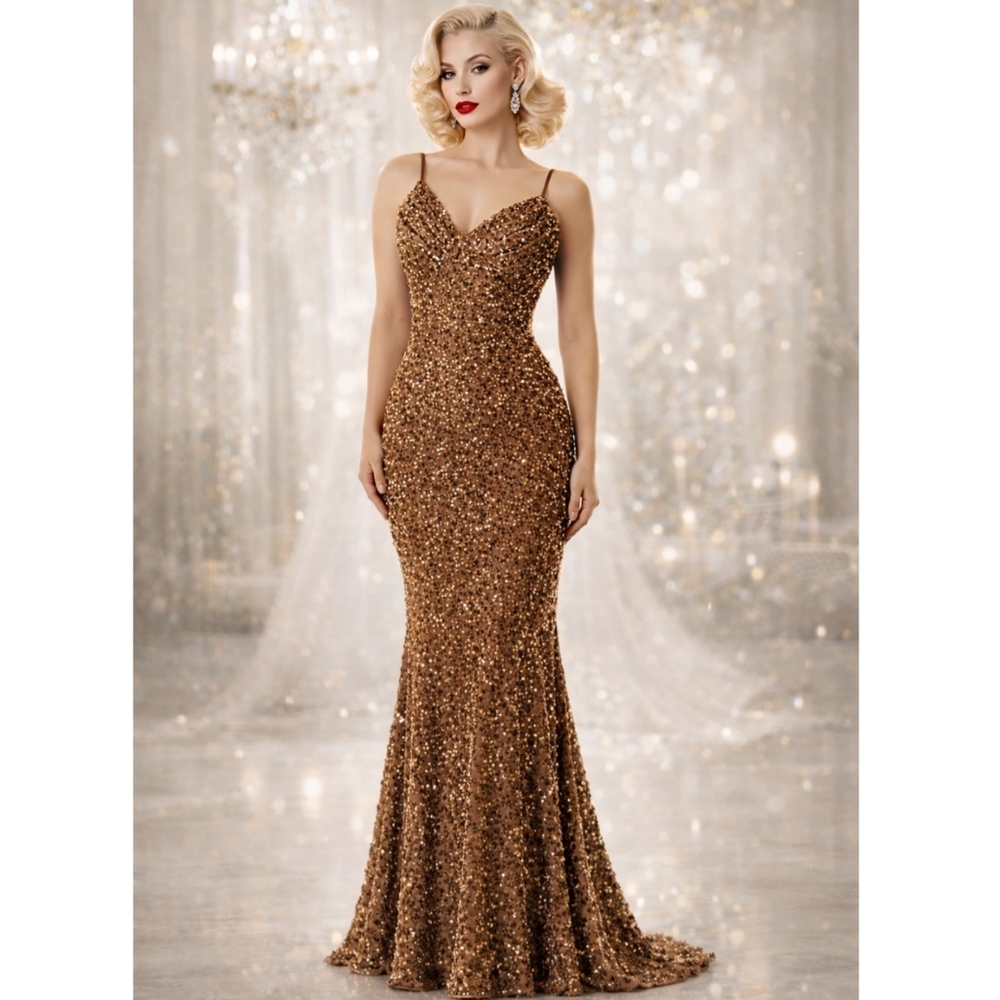 NWT MISS ORD Prom Pageant Sparkly Brown Sequins Evening Dress w Train S 6 M 7 9
